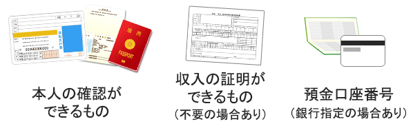 本人の確認がとれるもの、収入証明書、預金口座番号